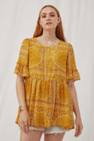 HY2629 Yellow Womens Bandana Print Ruffle Sleeve Peplum Top Front