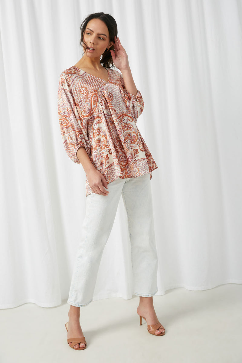 HY2632 Ivory Womens V Neck Paisley Print Dolman Top Alternate Front