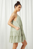 HY2634 Sage Womens Texture Stripe Tiered Halter Mini Dress Alternate Side