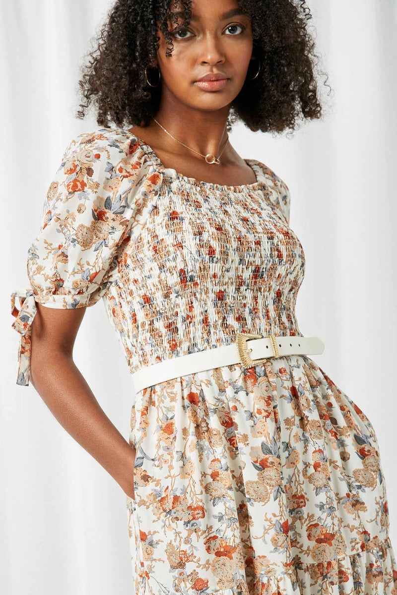 HY2637 Ivory Womens Square Neck Smocked Tie Sleeve Maxi Dress Close Up