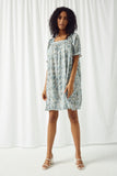 HY2640 BLUE Womens Square Neck Pleated Paisley Dress Full Body