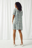 HY2640 BLUE Womens Square Neck Pleated Paisley Dress Back