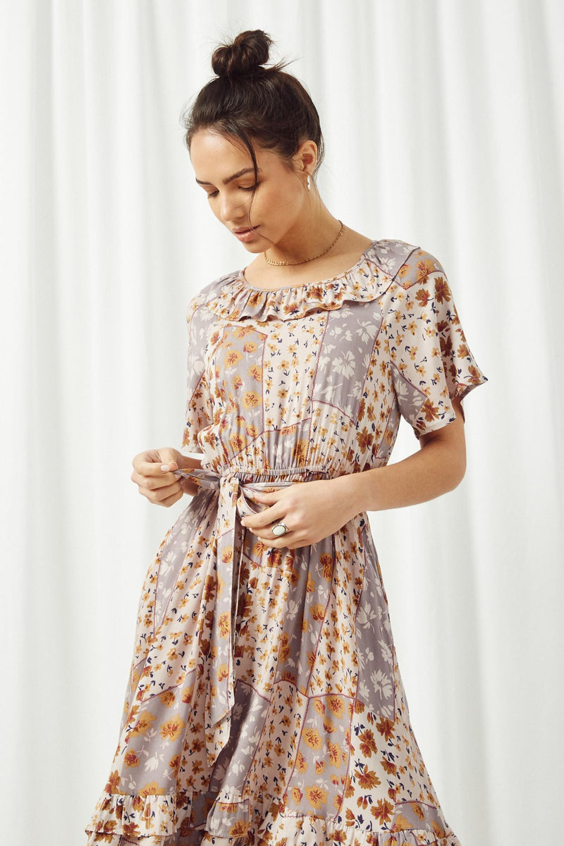 HY2644 Stone Womens Patchwork Print Belted Ruffle Midi Dress Pose