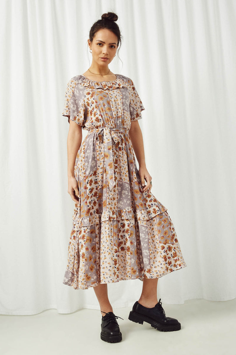 HY2644 Stone Womens Patchwork Print Belted Ruffle Midi Dress Full Body