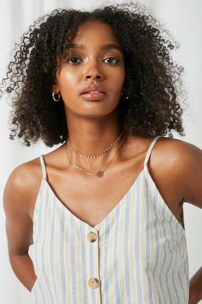 HY2653 Blue Womens Striped V Neck Buttoned Cami Detail