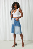 HY2661 Denim Womens Denim Blocked Midi Skirt Pose