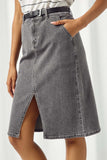 HY2668 BLACK DENIM Womens Washed Side Pocket Denim Midi Skirt Side