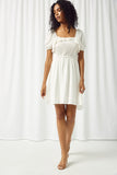 HY2676 OFF WHITE Womens Ruffle Smocked Square Neck Dress Front