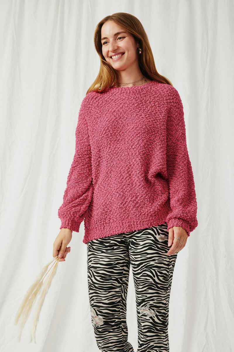 HY2741 Fuchsia Womens Popcorn Knit Pullover Sweater Pose
