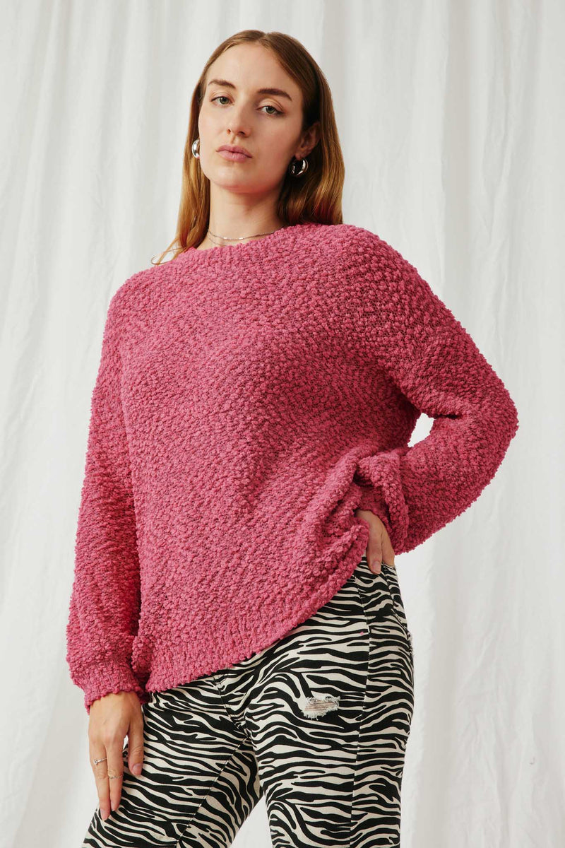 HY2741 Fuchsia Womens Popcorn Knit Pullover Sweater Front