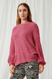 HY2741 Fuchsia Womens Popcorn Knit Pullover Sweater Front 2