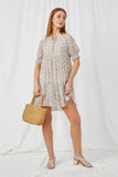 HY2760 Off White Womens Floral Chiffon Smocked Cuff Mini Dress Full Body