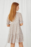 HY2760 Off White Womens Floral Chiffon Smocked Cuff Mini Dress Back