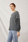 HY2763 Black Womens Contrast Stripe Sleeve Textured Knit Top Side