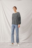 HY2763 Black Womens Contrast Stripe Sleeve Textured Knit Top Full Body