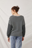 HY2763 Black Womens Contrast Stripe Sleeve Textured Knit Top Back