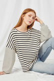 HY2763 OATMEAL Womens Contrast Stripe Sleeve Textured Knit Top Pose