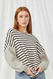 HY2763 OATMEAL Womens Contrast Stripe Sleeve Textured Knit Top Front