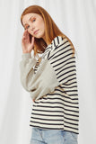 HY2763 OATMEAL Womens Contrast Stripe Sleeve Textured Knit Top Back