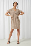 HY2768 Taupe Womens Dotted V Neck Gathered Tunic Front