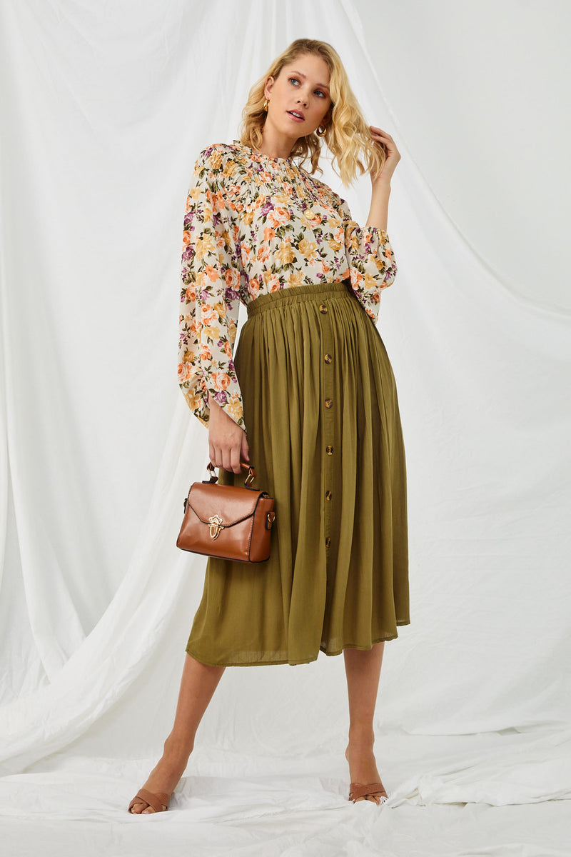 HY2819 Ivory Womens Smocked Bodice Ruffle Neck Balloon Sleeve Top Full Body