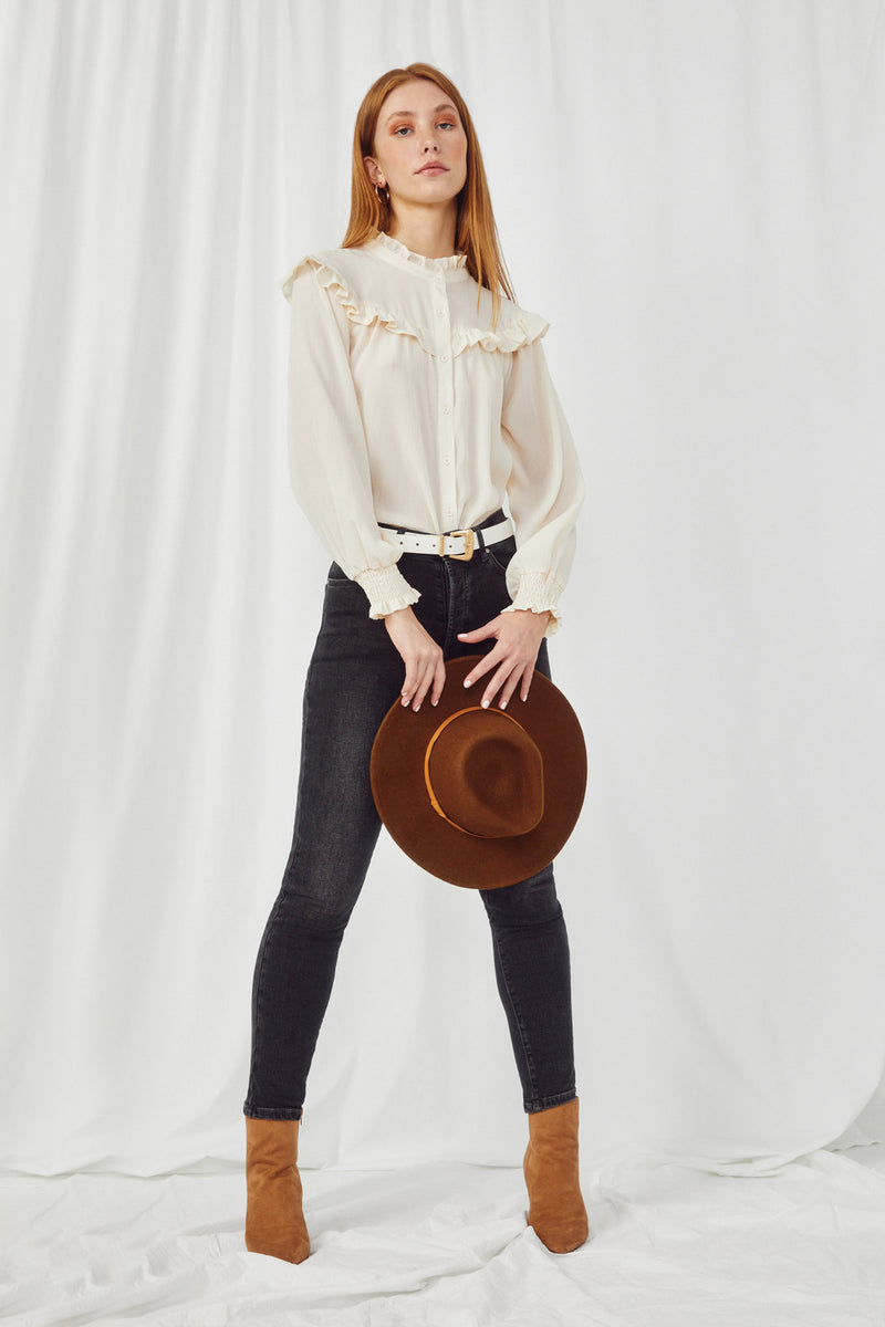 HY2835 IVORY Womens Ruffle Detailed Button Down Blouse Full Body