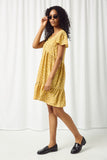 HY2894 YELLOW Womens Floral Buttoned Flutter Sleeve Dress Full Body