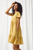 HY2894 YELLOW Womens Floral Buttoned Flutter Sleeve Dress Pose