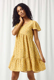 HY2894 YELLOW Womens Floral Buttoned Flutter Sleeve Dress Front