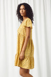 HY2894 YELLOW Womens Floral Buttoned Flutter Sleeve Dress Side