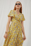 HY2896 Yellow Womens Floral Lace Up Surplice Dress Front