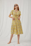 HY2896 Yellow Womens Floral Lace Up Surplice Dress Full Body