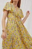 HY2896 Yellow Womens Floral Lace Up Surplice Dress Back