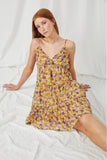 HY2901 Yellow Womens Ruffled V Neck Sleeveless Floral Dress Sitting Pose