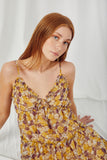 HY2901 Yellow Womens Ruffled V Neck Sleeveless Floral Dress Close Up