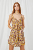 HY2901 Yellow Womens Ruffled V Neck Sleeveless Floral Dress Front