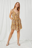 HY2901 Yellow Womens Ruffled V Neck Sleeveless Floral Dress Full Body