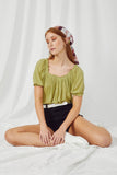 HY2905 Green Womens Smocked Gathered Neck Puff Sleeve Top Sitting Pose