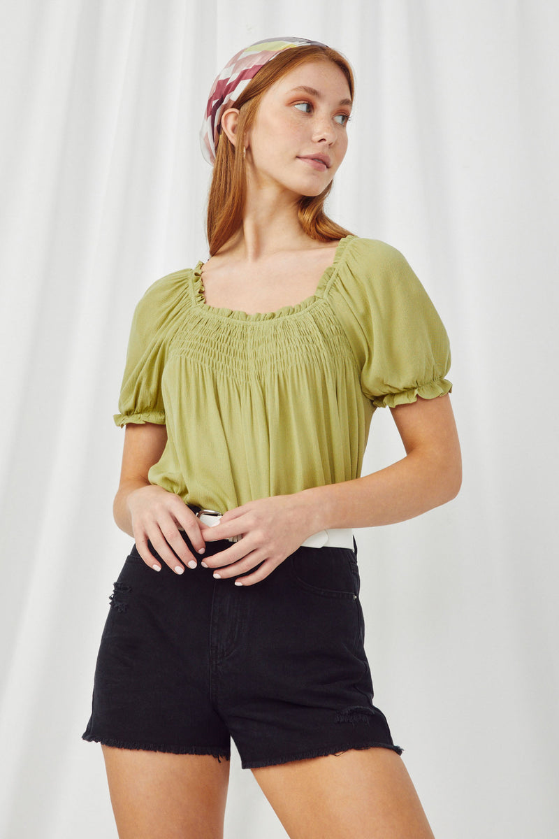 HY2905 Green Womens Smocked Gathered Neck Puff Sleeve Top Front