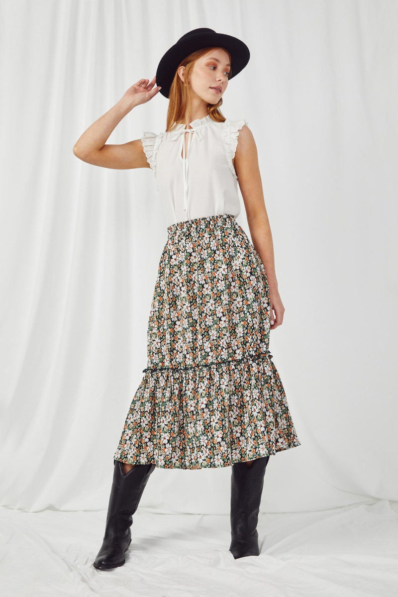 HY2918 GREEN Womens Floral Pleated Ruffled Skirt Full Body