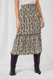 HY2918 GREEN Womens Floral Pleated Ruffled Skirt Front