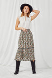 HY2918 GREEN Womens Floral Pleated Ruffled Skirt Full Body 2