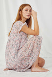 HY2923 Pink Womens V Neck Floral Printed Chiffon Dress Sitting Pose