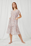 HY2923 Pink Womens V Neck Floral Printed Chiffon Dress Full Body