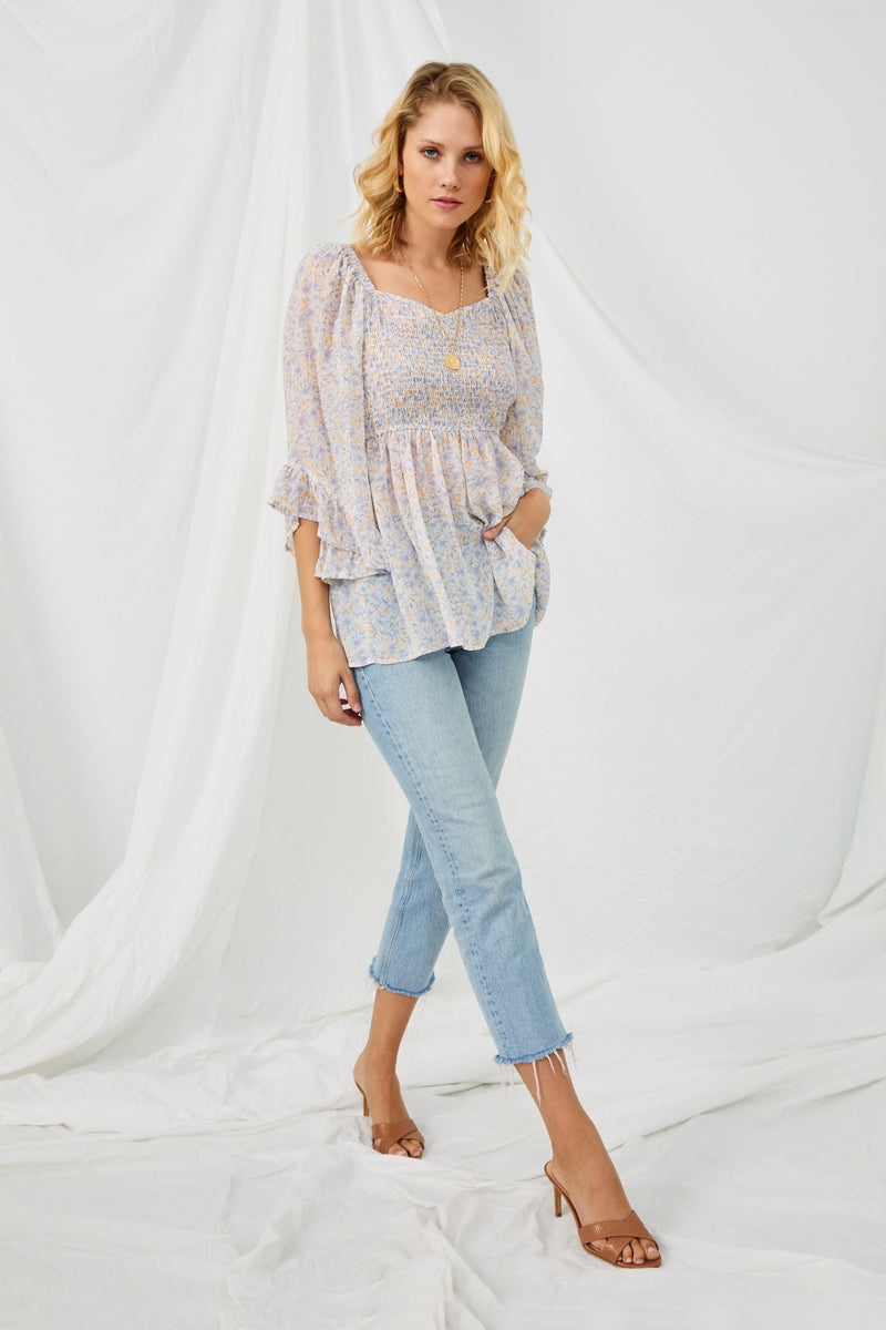 HY2987 LAVENDER Womens Floral Chiffon Bell Sleeve Sweetheart Top Full Body