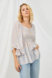 HY2987 LAVENDER Womens Floral Chiffon Bell Sleeve Sweetheart Top Front 2