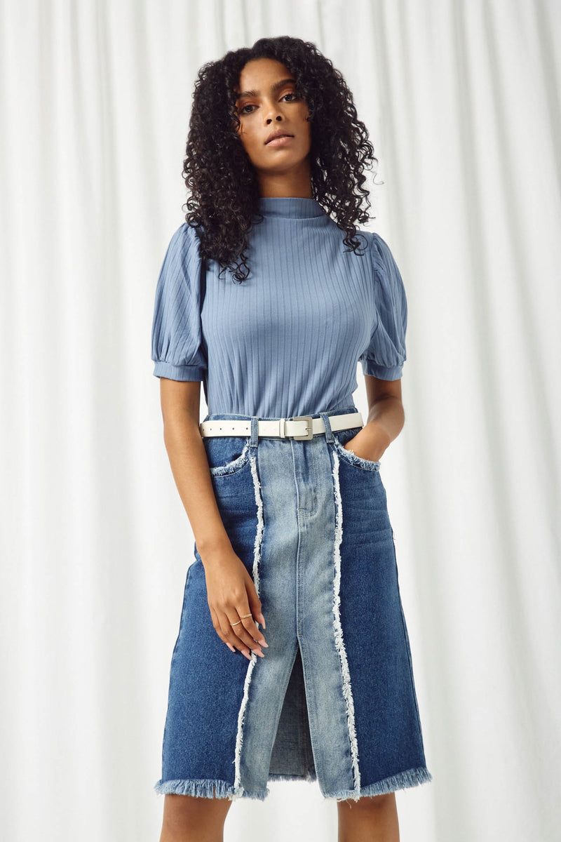 HY5004 BLUE Womens Ribbed Mock Neck Puff Sleeve Top Front