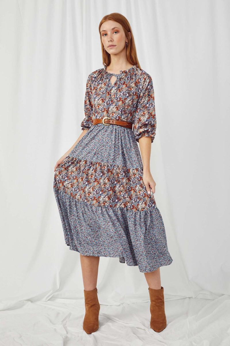 HY5037 BLUE Womens Mixed Floral Block Ruffle Neck Maxi Dress Full Body