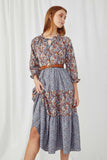 HY5037 BLUE Womens Mixed Floral Block Ruffle Neck Maxi Dress Detail