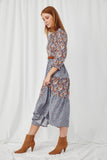 HY5037 BLUE Womens Mixed Floral Block Ruffle Neck Maxi Dress Side